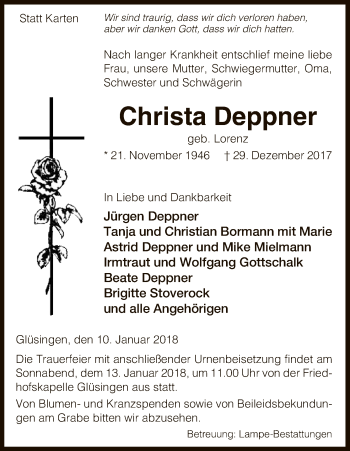 Traueranzeige von Christa Deppner von Uelzen