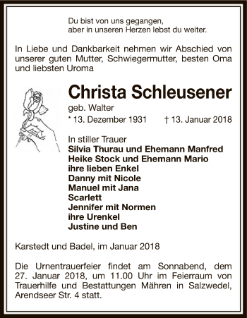 Traueranzeige von Christa Schleusener von Uelzen