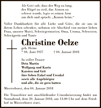 Traueranzeige von Christine Oelze von Uelzen