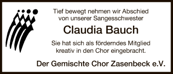 Traueranzeige von Claudia Bauch von Uelzen