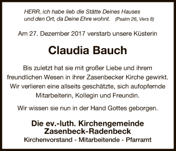 Traueranzeige von Claudia Bauch von Uelzen