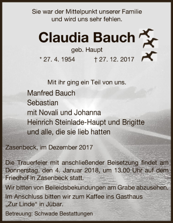 Traueranzeige von Claudia Bauch von Uelzen