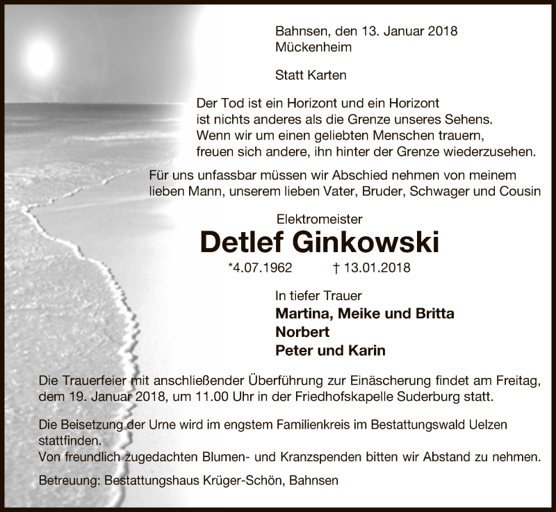  Traueranzeige für Detlef Ginkowski vom 16.01.2018 aus Uelzen