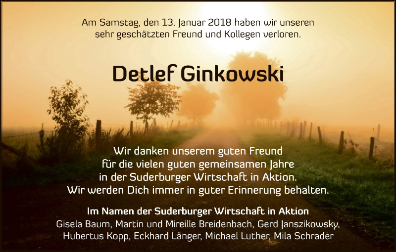  Traueranzeige für Detlef Ginkowski vom 17.01.2018 aus Uelzen