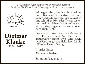 Traueranzeige von Dietmar Klauke von Uelzen