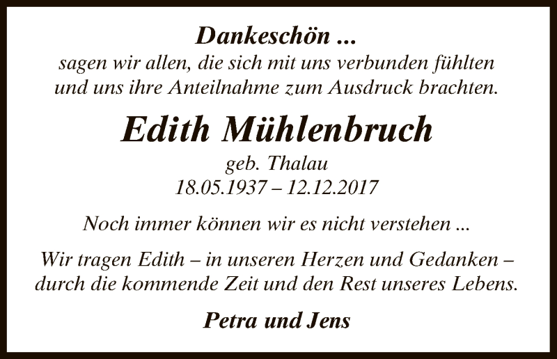  Traueranzeige für Edith Mühlenbruch vom 13.01.2018 aus Uelzen