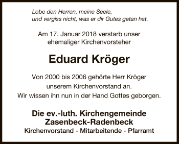 Traueranzeige von Eduard Kröger von Uelzen