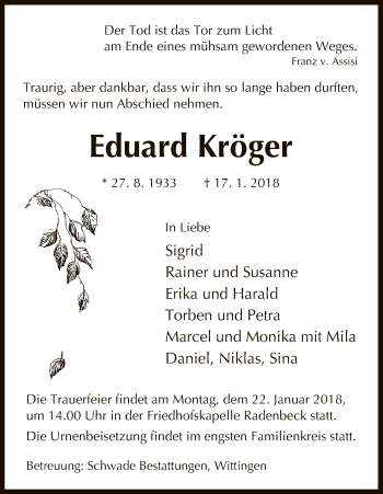 Traueranzeige von Eduard Kröger von Uelzen