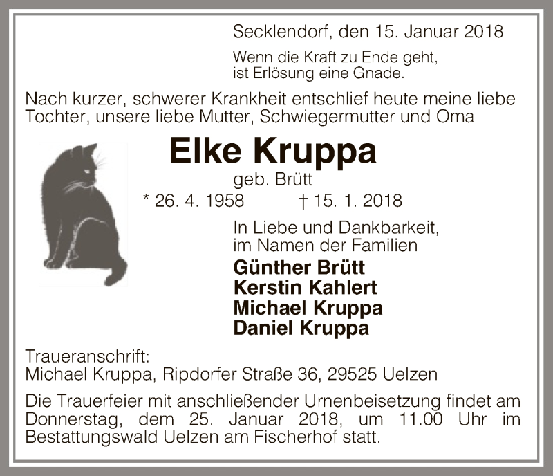  Traueranzeige für Elke Kruppa vom 20.01.2018 aus Uelzen