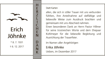 Traueranzeige von Erich Jöhnke von Uelzen