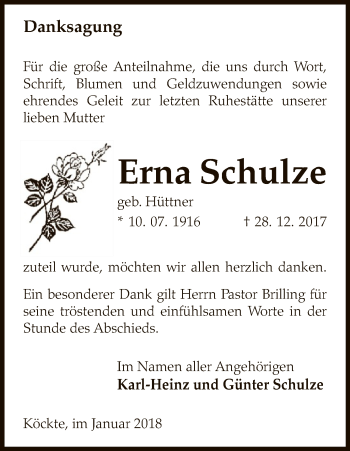 Traueranzeige von Erna Schulze von Uelzen