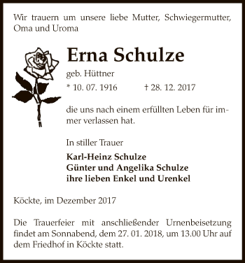 Traueranzeige von Erna Schulze von Uelzen