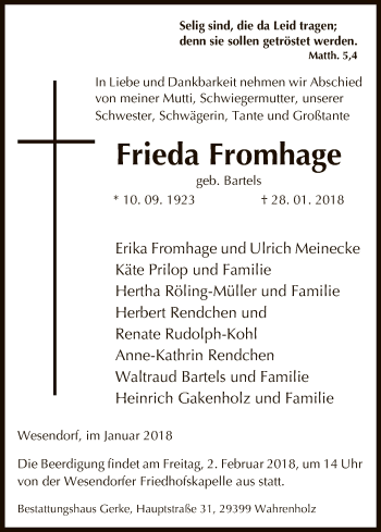 Traueranzeige von Frieda Fromhage von Uelzen