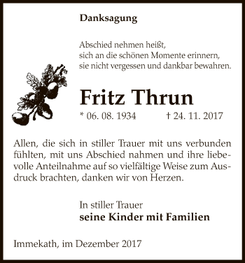 Traueranzeige von Fritz Thrun von Uelzen