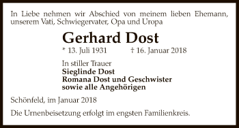 Traueranzeige von Gerhard Dost von Uelzen