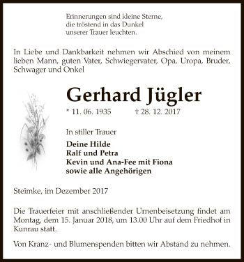 Traueranzeige von Gerhard Jügler von Uelzen