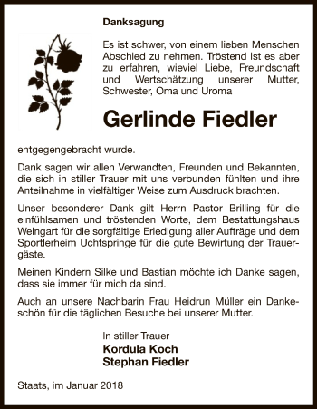 Traueranzeige von Gerlinde Fiedler von Uelzen