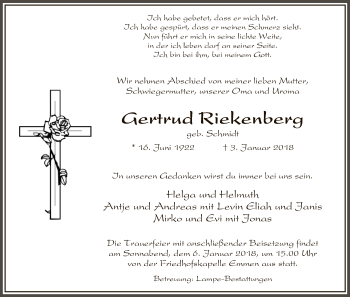 Traueranzeige von Gertrud Riekenberg von Uelzen
