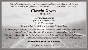 Traueranzeige von Giesela Grams von Uelzen