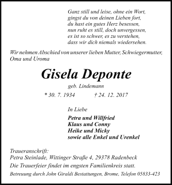 Traueranzeige von Gisela Deponte von Uelzen