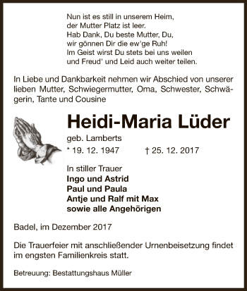 Traueranzeige von Heidi-Maria Lüder von Uelzen