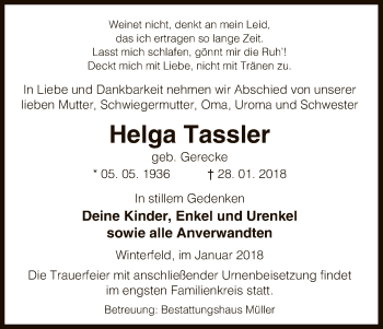 Traueranzeige von Helga Tassler von Uelzen