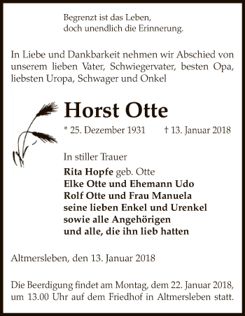 Traueranzeige von Horst Otte von Uelzen