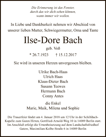 Traueranzeige von Ilse-Dore Bach von Uelzen