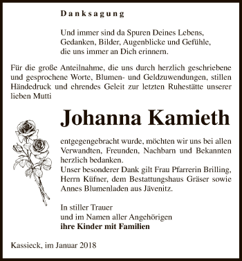 Traueranzeige von Johanna Kamieth von Uelzen