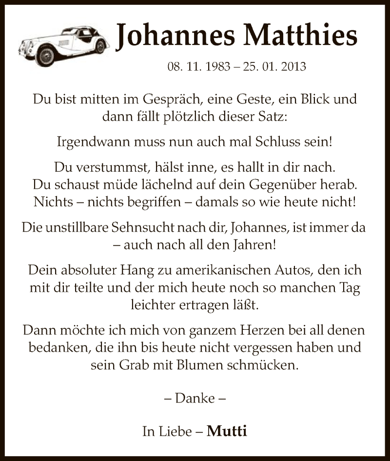 Traueranzeige für Johannes Matthies vom 25.01.2018 aus Uelzen
