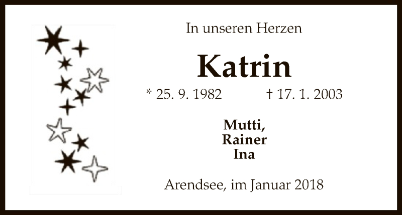  Traueranzeige für Katrin Fischer vom 17.01.2018 aus Uelzen