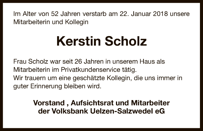  Traueranzeige für Kerstin Scholz vom 26.01.2018 aus Uelzen