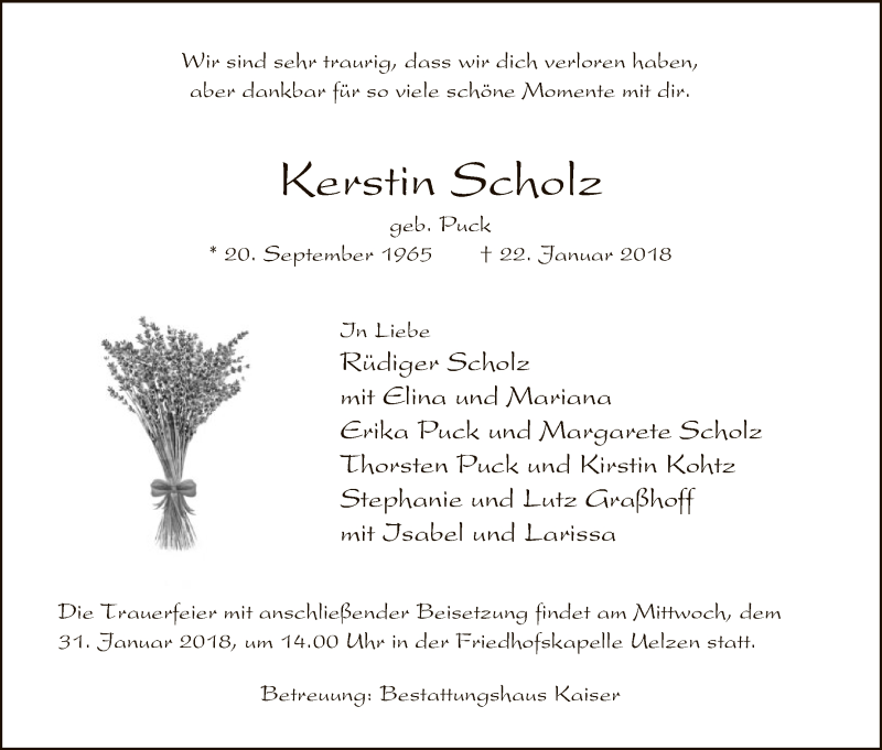  Traueranzeige für Kerstin Scholz vom 25.01.2018 aus Uelzen