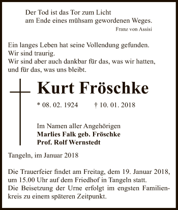 Traueranzeige von Kurt Fröschke von Uelzen