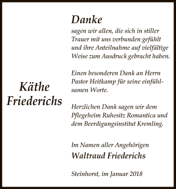 Traueranzeige von Käthe Friederichs von Uelzen