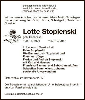 Traueranzeige von Lotte Stopienski von Uelzen