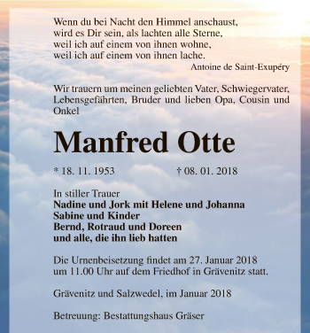 Traueranzeige von Manfred Otte von Uelzen