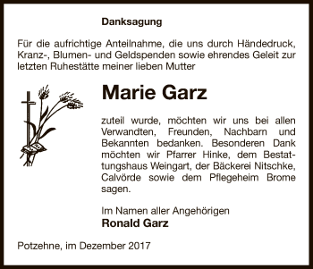 Traueranzeige von Marie Garz von Uelzen