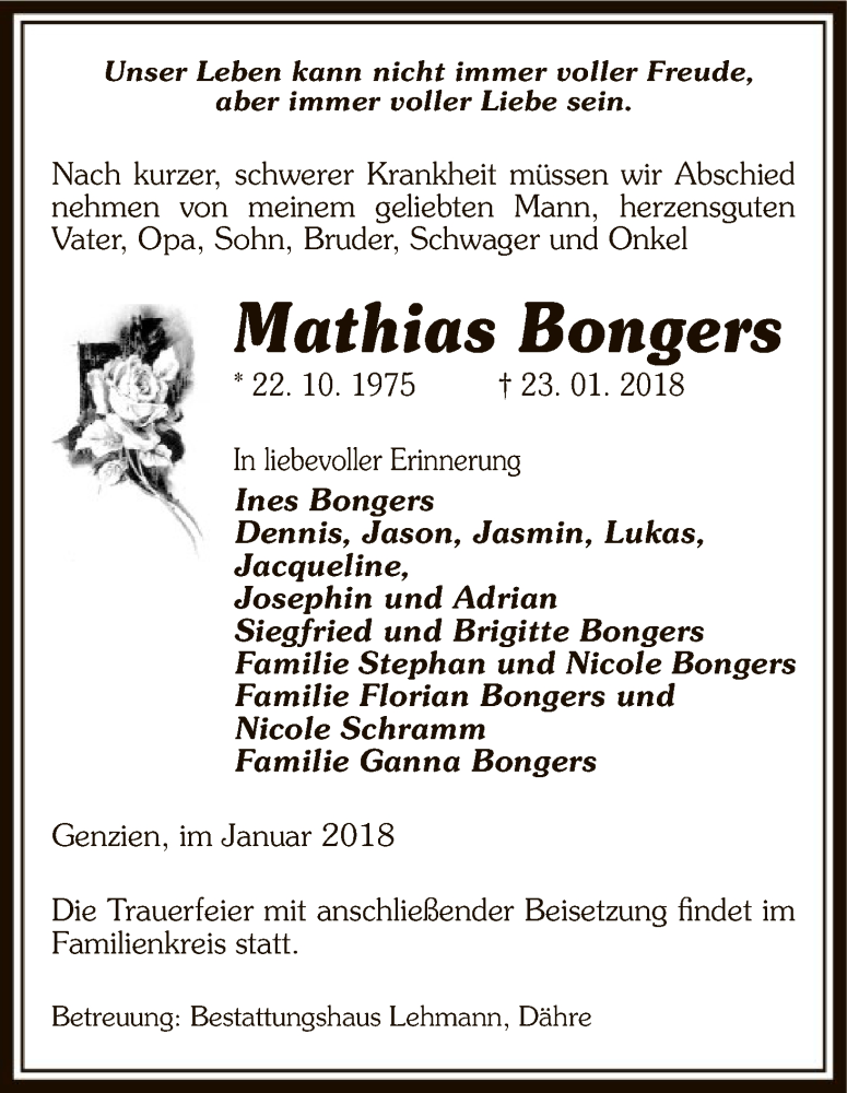  Traueranzeige für Mathias Bongers vom 26.01.2018 aus Uelzen