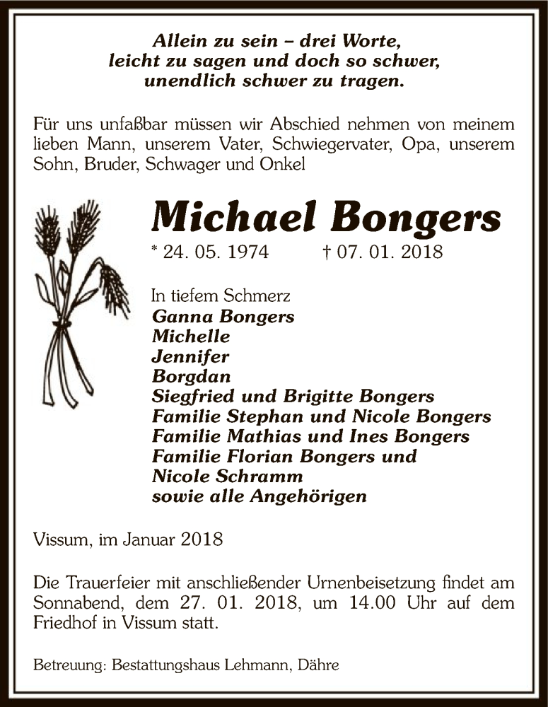  Traueranzeige für Michael Bongers vom 11.01.2018 aus Uelzen