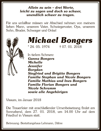 Traueranzeige von Michael Bongers von Uelzen