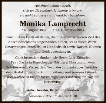 Traueranzeige von Monika Lamprecht von Uelzen