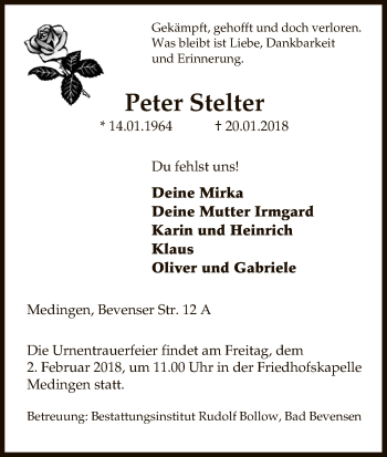 Traueranzeige von Peter Stelter von Uelzen