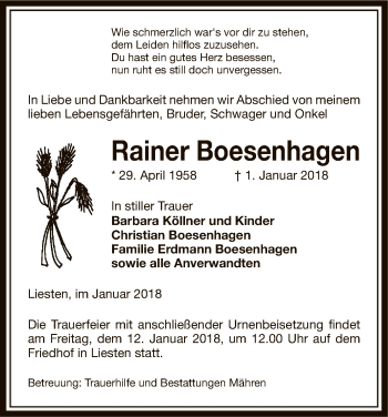 Traueranzeige von Rainer Boesenhagen von Uelzen