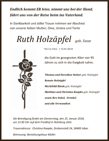 Traueranzeige von Ruth Holzäpfel von Uelzen
