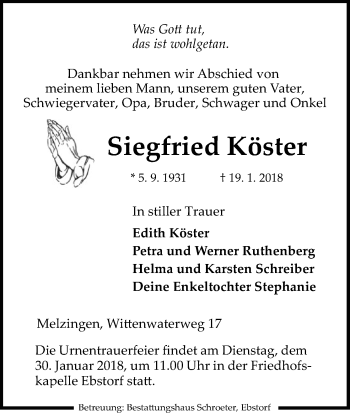 Traueranzeige von Siegfried Köster von Uelzen