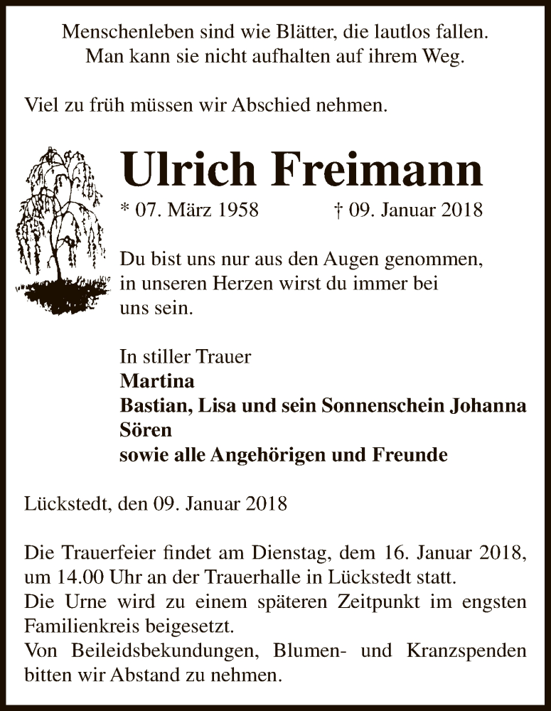 Traueranzeige für Ulrich Freimann vom 12.01.2018 aus Uelzen