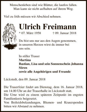 Traueranzeige von Ulrich Freimann von Uelzen