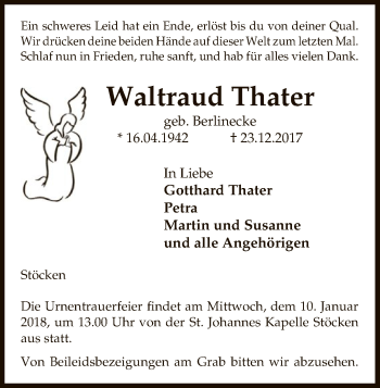 Traueranzeige von Waltraud Thater von Uelzen