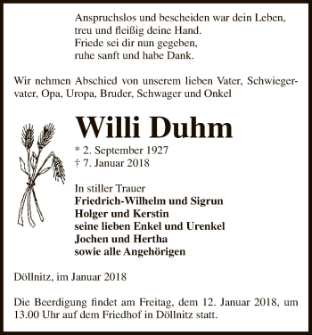 Traueranzeige von Willi Duhm von Uelzen